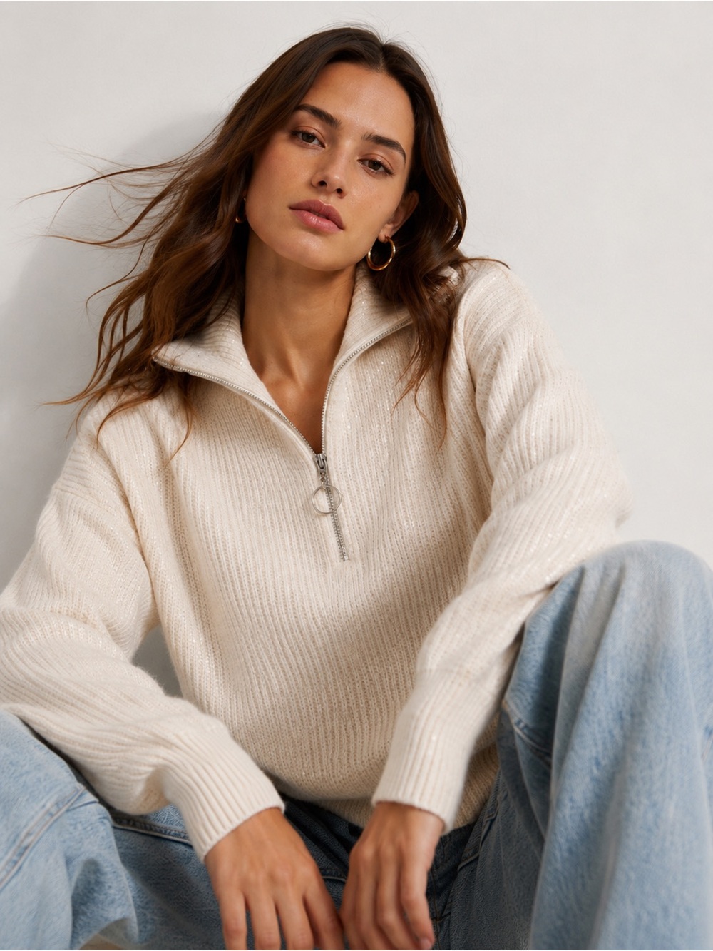 ZARA Sequin Half Zip Sweater M Ivory White Y2K Old Money Fall